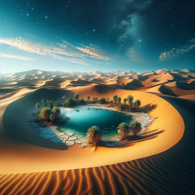 "Ultra-realistic image capturing the stark beauty of a desert with scarce water"