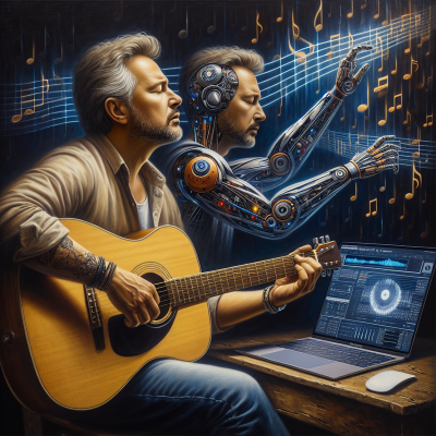 Oil painting of Randy Travis and AI creating music - ultra-realism in art.