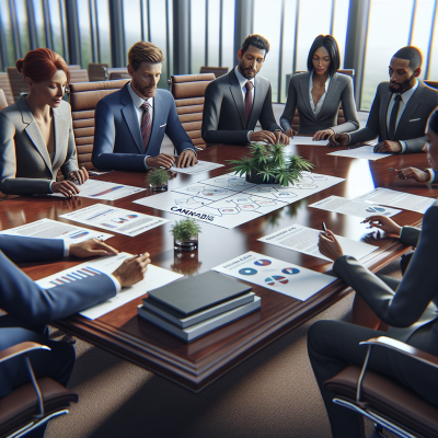 "Professional team debating cannabis regulations in high-resolution boardroom image"