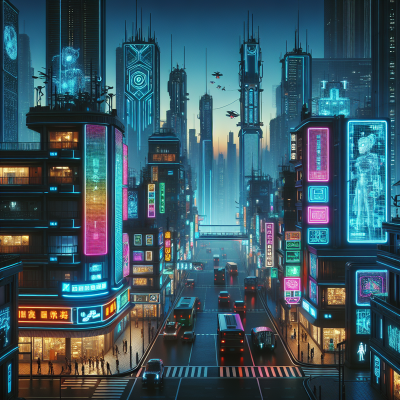 Explore a detail-rich, futuristic cityscape featuring cutting-edge tech in cyberpunk style.