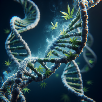 Explore the graphic illustration of DNA strands influenced by cannabis use in 3D detail.