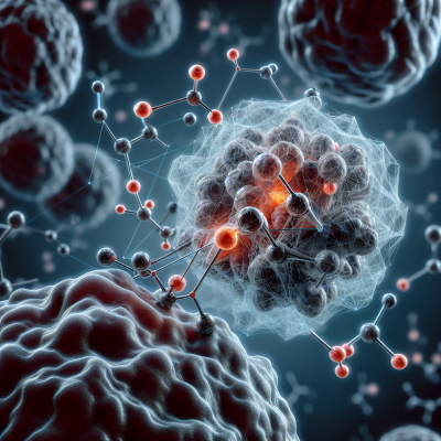 "Medical illustration showing vortioxetine molecule inhibiting glioblastoma cells"