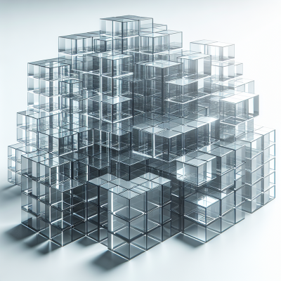 Ultra-realistic illustration of strong, versatile interlocking glass bricks.