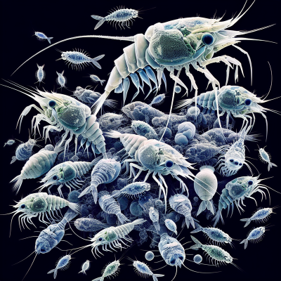 Vivid scientific illustration of Daphnia pulex showcasing genetic diversity.