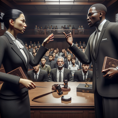 "Dynamic Courtroom Image: Realistic Art of Lawyers Mann & Frye Presenting Case"