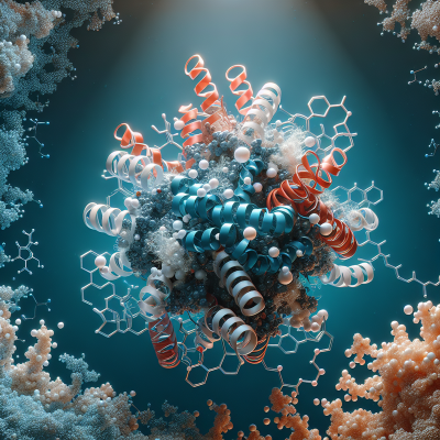 Hyper-realistic ACLY enzyme & BRD4 interaction image in a scientific aesthetic.