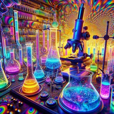 "Ultra-realistic 3D image of psychedelic research lab equipment, devoid of text."