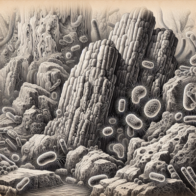 Ultra-realistic image of ancient rock-dwelling microbes, in vibrant scientific illustration.