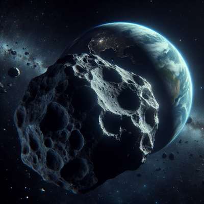 "Captivating, ultra-realistic image of asteroid 2024 PT5 nearing Earth, text-free."