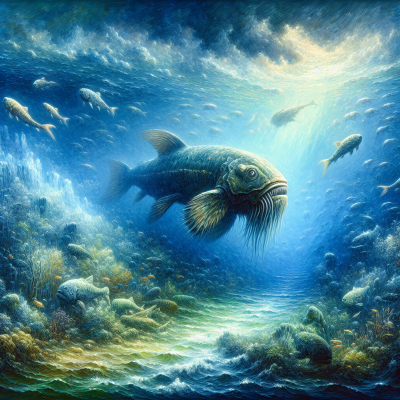 "Explore deep-sea coelacanth's magnificent underwater habitat in a realistic oil painting."