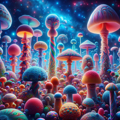 "Explore the vivid, ultra-realistic psychedelic mushroom garden image; color-rich."