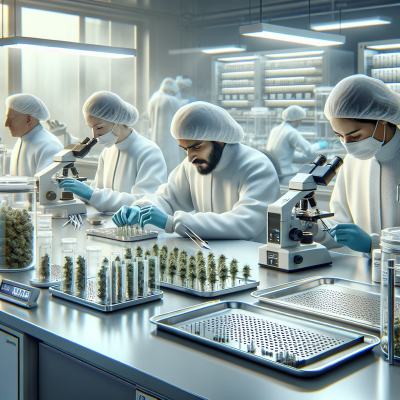 "High-quality image showing modern lab efficiently producing research-grade cannabis."