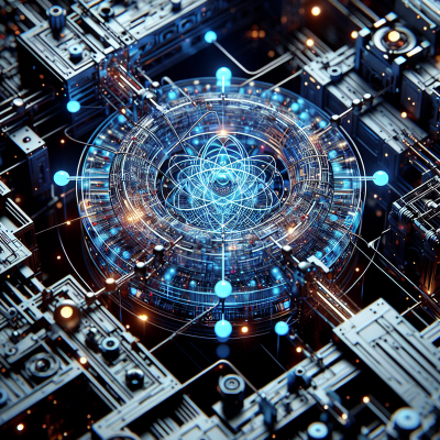 Ultra-realistic imagery of qubits & quantum repeater tech in a futuristic depiction.