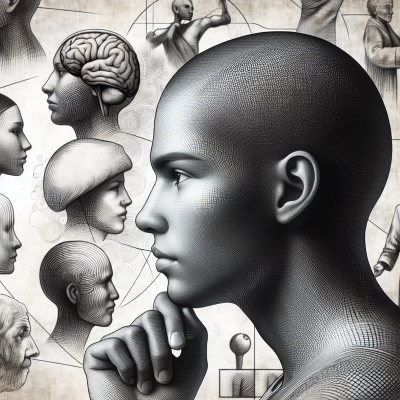 Detailed illustration of pensive individual amid realistic celebrity images.