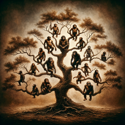 "Oil-painted, ultra-realistic image of a Neanderthal family tree, without text."