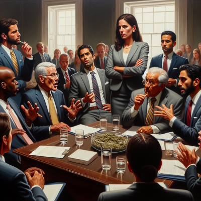 "Detailed oil Painting: Diverse Group Debating on Marijuana Law Changes"