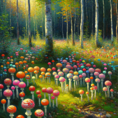 Explore Monet-inspired forest clearing with vibrant, ultra-realistic psychedelic mushrooms.