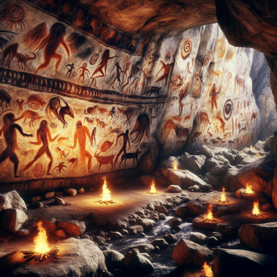 "Sublime cave art displays ancient rituals in high-definition, pure visuals, no text."