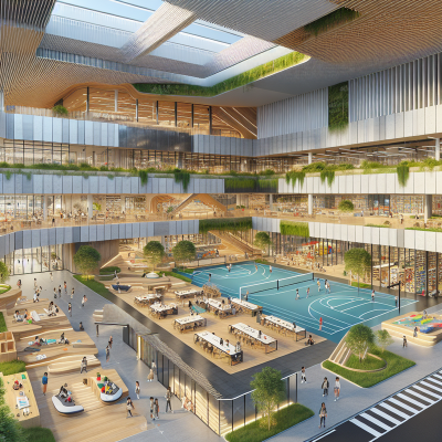 "Ultra-realistic image of a modern community center focused on youth services."