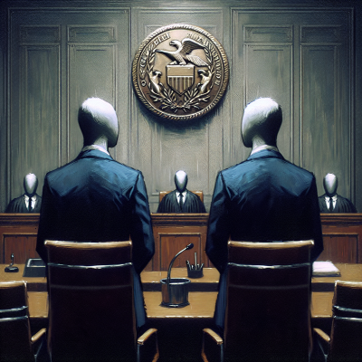 Explore ultra-realistic courtroom digital art featuring Jonathan Mann & Brian Frye vs SEC.