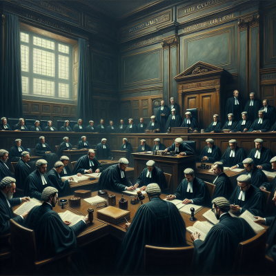 "Supreme Court Justices Debating RICO Act in Striking, Ultra-Realistic Oil Painting"