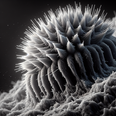 "Ultra-realistic microscopic view showing deformation of material's tiny spikes."