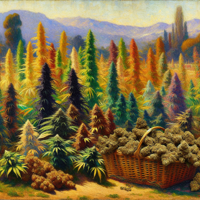 "Vivid oil painting-like image showcasing various strains of California cannabis."