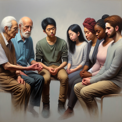 Diverse Group in Ultra-Realistic Oil Painting, Showcasing Calm Interactions