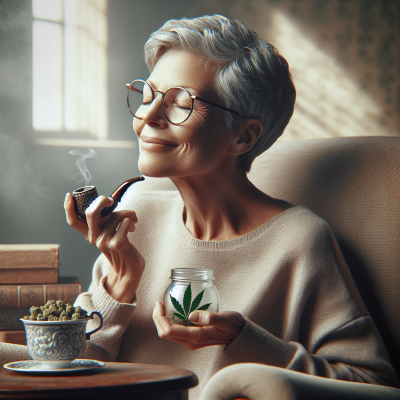 "Elderly lady finding relief with medical marijuana use, depicted in ultra-realism"