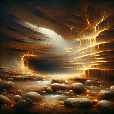 Ultra-realistic oil painting of Oakhurst Rock Shelter's ancient genomic sequences.