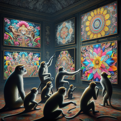 "Vivid, high-definition image of monkeys analyzing intricate colorful visuals, text-free."