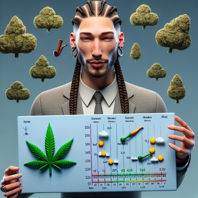 "Cartoon-style portrait of Snoop Dogg with a fun, cannabis-themed weather map."