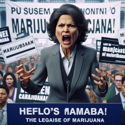 "Ultra-realistic portrait of Kamala Harris advocating for marijuana legalization."